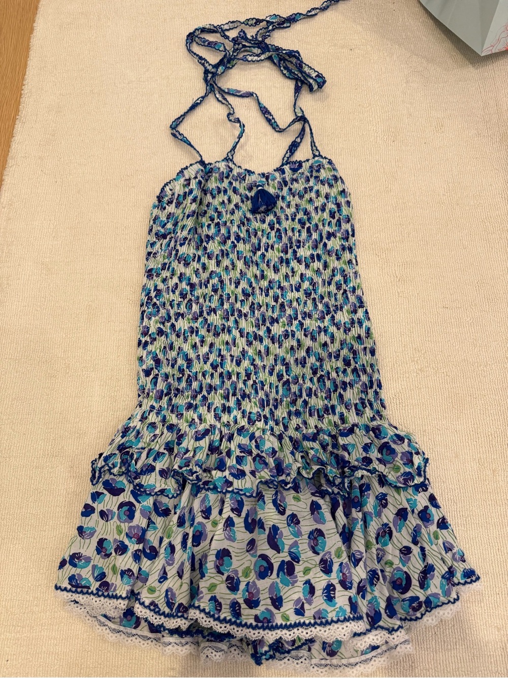 Poupette St. Barth Blue and Green Floral Smocked Top
